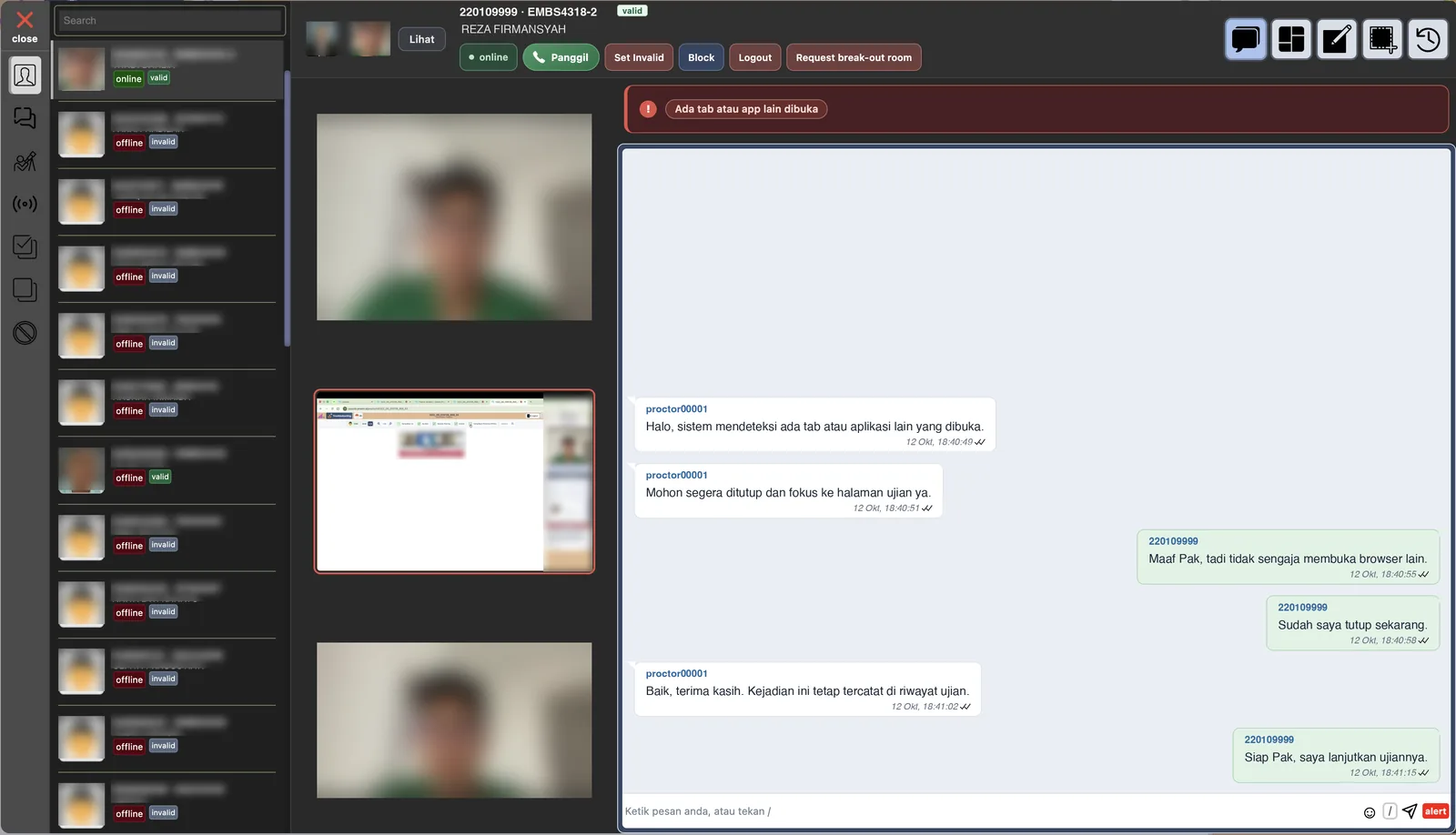 Proctor view of one participant: webcam, screen, and phone camera, an AI alert that another tab was opened, and the chat with the participant.